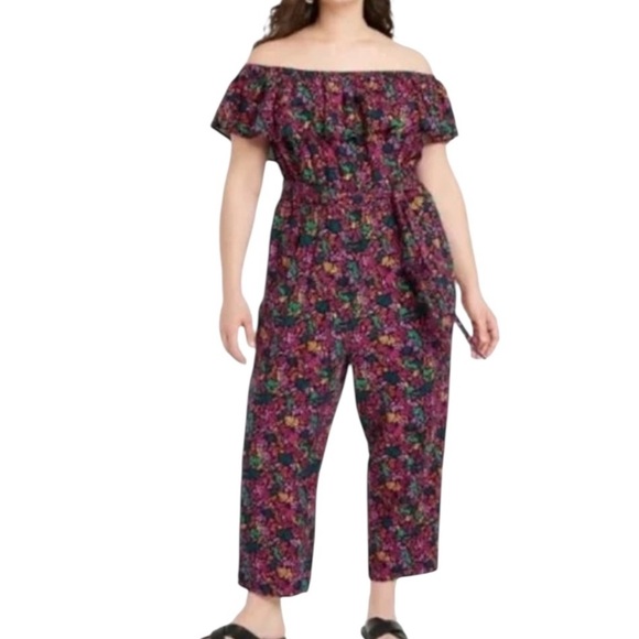 Ava & Viv Linen Bright Floral Print Ruffle Off Shoulder Neckline Belted Jumpsuit - Picture 3 of 14